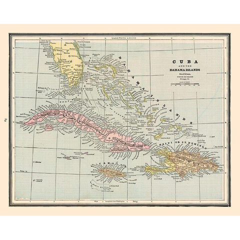 Central America Cuba Bahama Islands - Cram 1888 Gold Ornate Wood Framed Art Print with Double Matting by Cram