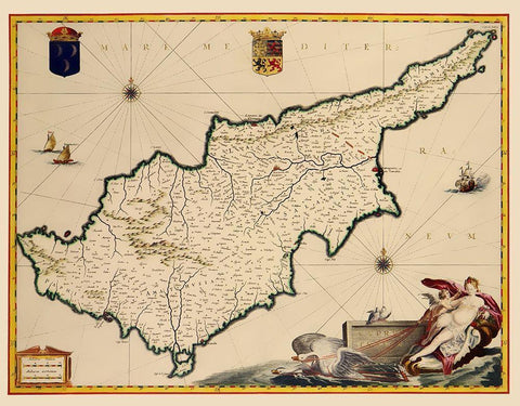 Mediterranean Cyprus - Blaeu 1635 Black Ornate Wood Framed Art Print with Double Matting by Blaeu