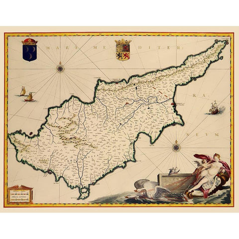 Mediterranean Cyprus - Blaeu 1635 Black Modern Wood Framed Art Print with Double Matting by Blaeu