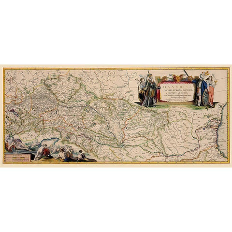 Danube River Course Germany Europe - Blaeu 1681 Black Modern Wood Framed Art Print with Double Matting by Blaeu