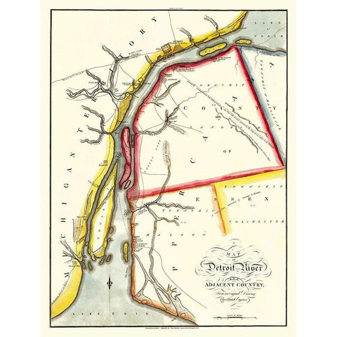 North America Detroit River Adjacent Areas Black Modern Wood Framed Art Print by Melish