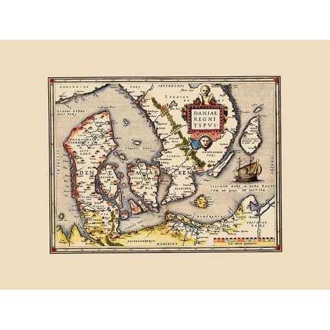 Scandinavia Denmark - Ortelius 1570 Gold Ornate Wood Framed Art Print with Double Matting by Ortelius