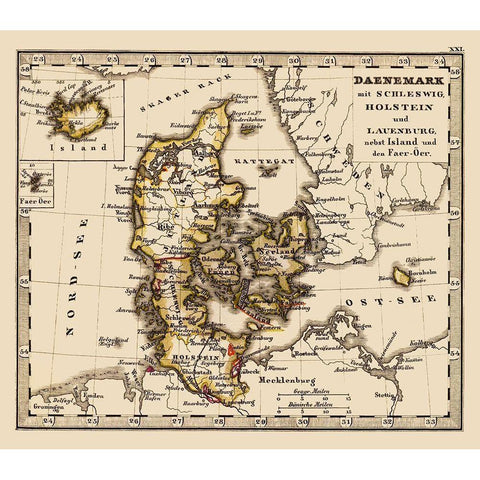 Scandinavia Denmark Iceland - Stieler 1852 White Modern Wood Framed Art Print by Stieler