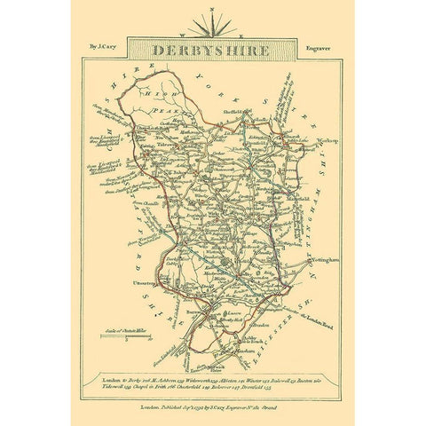 Derbyshire County England - Cary 1792 Black Modern Wood Framed Art Print with Double Matting by Cary