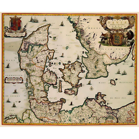 Scandinavia Denmark - Blaeu 1662 Gold Ornate Wood Framed Art Print with Double Matting by Blaeu