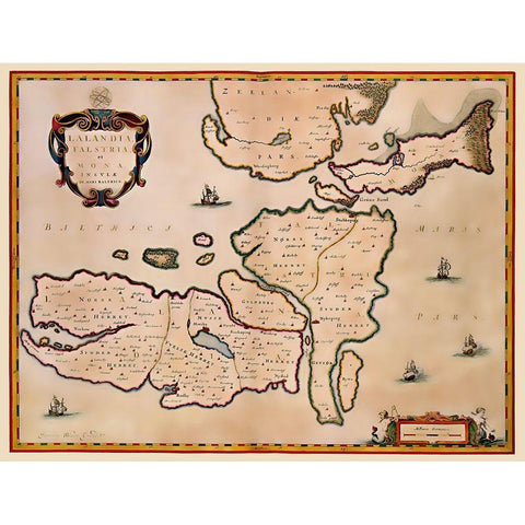 Scandinavia Denmark - Blaeu 1662 Gold Ornate Wood Framed Art Print with Double Matting by Blaeu