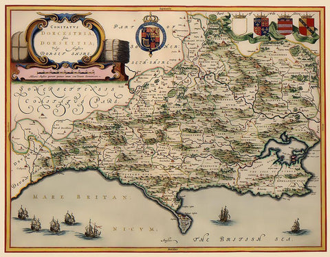 Dorset County England - Blaeu 1646 Black Ornate Wood Framed Art Print with Double Matting by Blaeu