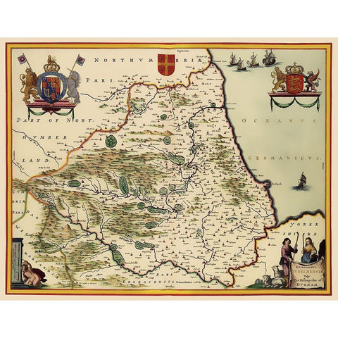 Durham England - Blaeu 1645 Black Modern Wood Framed Art Print with Double Matting by Blaeu