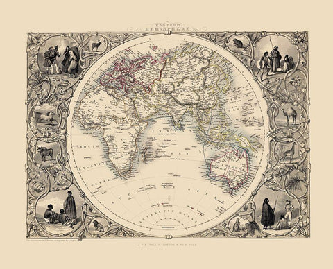 Eastern Hemisphere - Tallis 1851 Black Ornate Wood Framed Art Print with Double Matting by Tallis