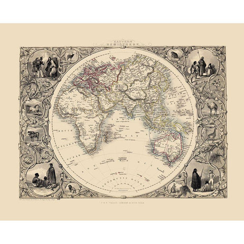 Eastern Hemisphere - Tallis 1851 Black Modern Wood Framed Art Print with Double Matting by Tallis