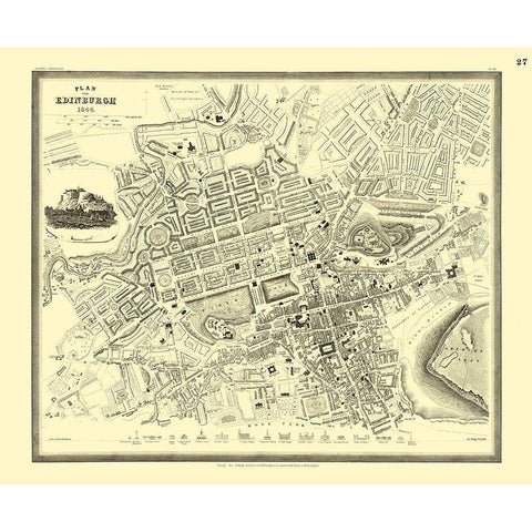 Edinburgh Plan Great Britain - Meyers 1844 Gold Ornate Wood Framed Art Print with Double Matting by Meyers
