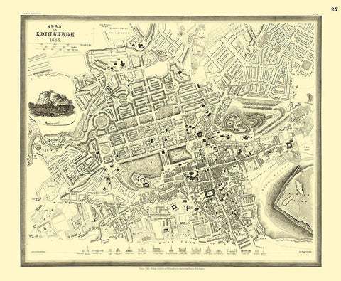 Edinburgh Plan Great Britain - Meyers 1844 Black Ornate Wood Framed Art Print with Double Matting by Meyers