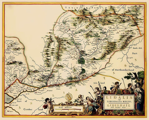 Great Britain England Scotland Border - Blaeu 1654 Black Ornate Wood Framed Art Print with Double Matting by Blaeu