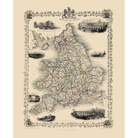 Great Britain England Wales - Tallis 1851 Black Modern Wood Framed Art Print with Double Matting by Tallis