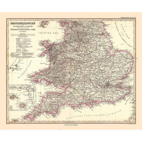 England Wales - Stieler 1885 Black Modern Wood Framed Art Print by Stieler