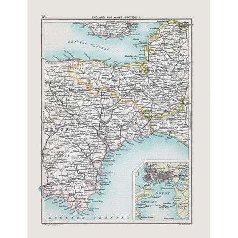 South West England - Bartholomew 1892 Black Modern Wood Framed Art Print with Double Matting by Bartholomew