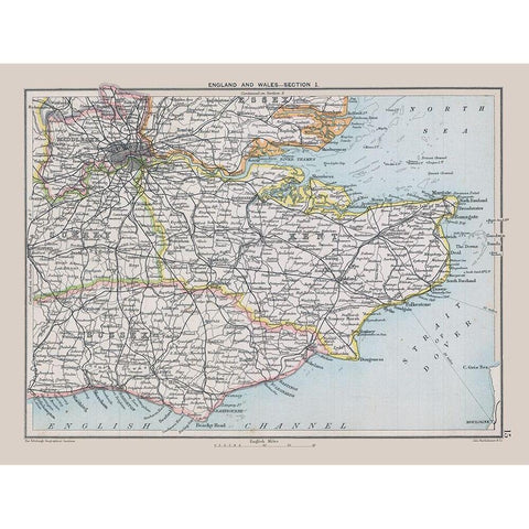 Southeastern England - Bartholomew 1892 Black Modern Wood Framed Art Print with Double Matting by Bartholomew