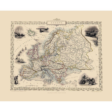 Europe - Tallis 1851 Black Modern Wood Framed Art Print by Tallis