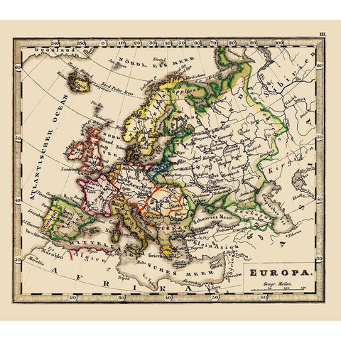 Europe - Stieler 1852 White Modern Wood Framed Art Print by Stieler