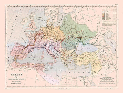 Europe Barbarian Invasions - Cortambert 1880 Black Ornate Wood Framed Art Print with Double Matting by Cortambert