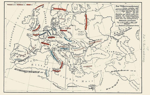 Europe Migrations 395-453 - Putzgers 1897 Black Ornate Wood Framed Art Print with Double Matting by Putzgers
