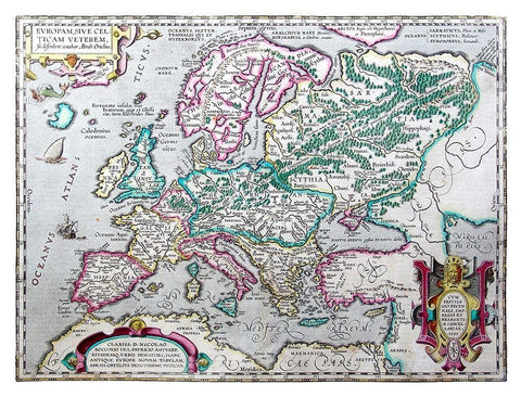 Ancient Europe 1595 - Ortelius Black Ornate Wood Framed Art Print with Double Matting by Ortelius