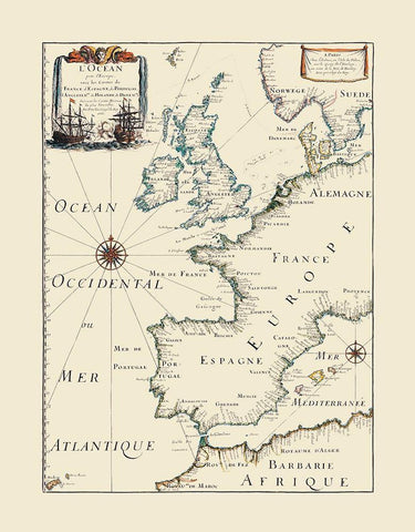 Atlantic Ocean Europe - Roy 1666 Black Ornate Wood Framed Art Print with Double Matting by Roy