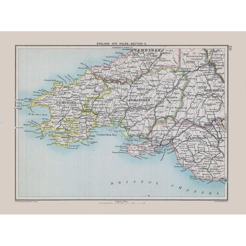 England Wales - Bartholomew 1892 Gold Ornate Wood Framed Art Print with Double Matting by Bartholomew