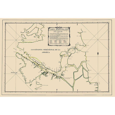 Southern Tip of South America - Cordova 1786 Black Modern Wood Framed Art Print with Double Matting by Cordova