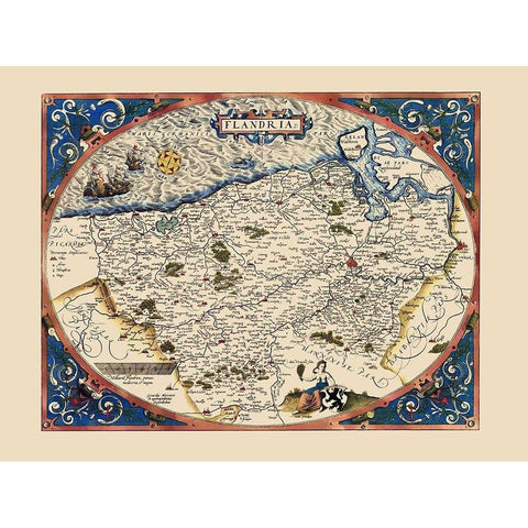 Europe Flanders County Belgium Netherlands France Black Modern Wood Framed Art Print by Ortelius