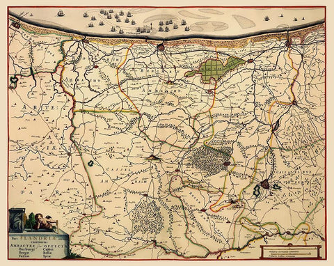Benelux Flanders Region Belgium - Visscher 1680 Black Ornate Wood Framed Art Print with Double Matting by Visscher