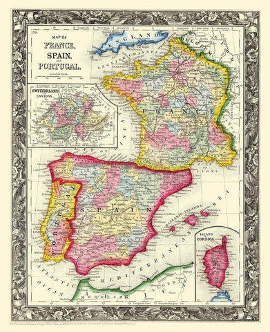 Europe France Spain Portugal - Mitchell 1860 Black Ornate Wood Framed Art Print with Double Matting by Mitchell