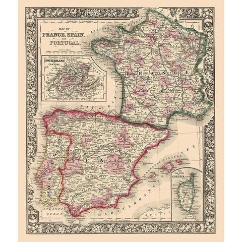 Europe France Spain Portugal - Mitchell 1862 Black Modern Wood Framed Art Print with Double Matting by Mitchell