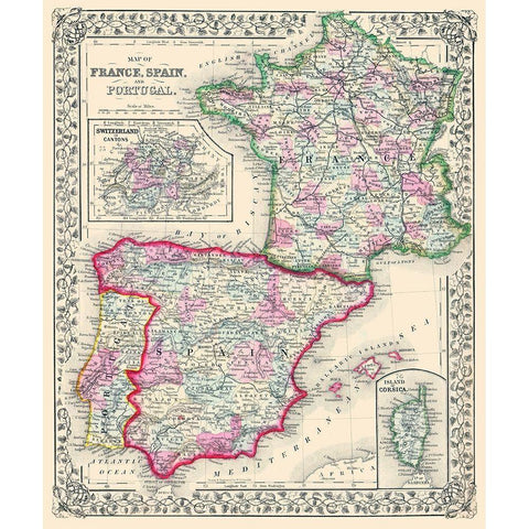 Europe France Spain Portugal - Mitchell 1864 Gold Ornate Wood Framed Art Print with Double Matting by Mitchell