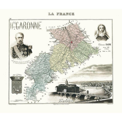 Haute Garonne Region France - Migeon 1869 White Modern Wood Framed Art Print by Migeon