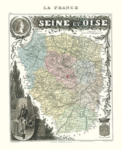 Seine et Oise Department France - Migeon 1869 Black Ornate Wood Framed Art Print with Double Matting by Migeon