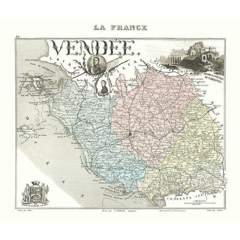 Vendee Department France - Migeon 1869 Gold Ornate Wood Framed Art Print with Double Matting by Migeon