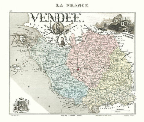 Vendee Department France - Migeon 1869 Black Ornate Wood Framed Art Print with Double Matting by Migeon