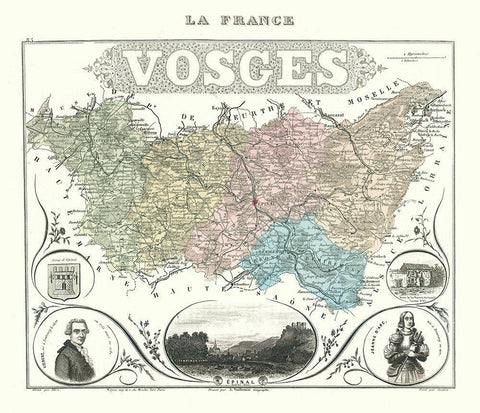 Vosges Department France - Migeon 1869 Black Ornate Wood Framed Art Print with Double Matting by Migeon