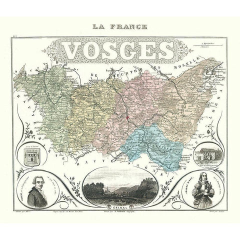 Vosges Department France - Migeon 1869 Black Modern Wood Framed Art Print with Double Matting by Migeon