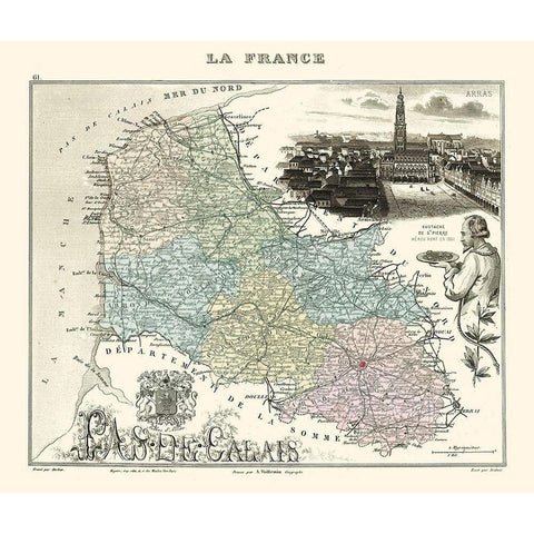 Pas de Calais Department France - Migeon 1869 White Modern Wood Framed Art Print by Migeon