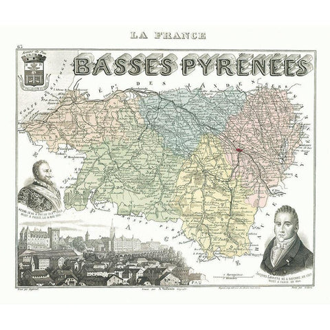 Basses Pyrenees Department France - Migeon 1869 Gold Ornate Wood Framed Art Print with Double Matting by Migeon