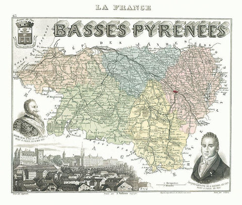 Basses Pyrenees Department France - Migeon 1869 Black Ornate Wood Framed Art Print with Double Matting by Migeon