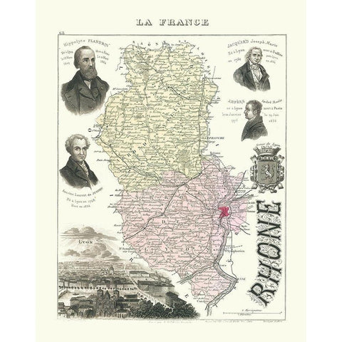 Rhone Department France - Migeon 1869 Gold Ornate Wood Framed Art Print with Double Matting by Migeon