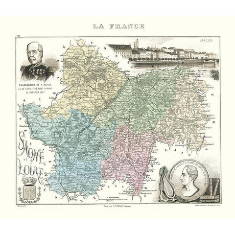 Saone et Loire Department France - Migeon 1869 Black Modern Wood Framed Art Print with Double Matting by Migeon