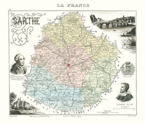 Sarthe Department France - Migeon 1869 Black Ornate Wood Framed Art Print with Double Matting by Migeon