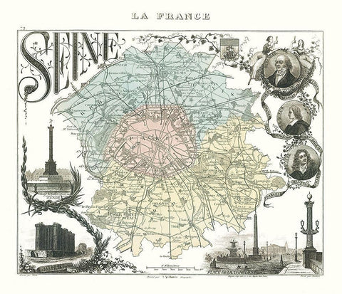 Seine Department France - Migeon 1869 Black Ornate Wood Framed Art Print with Double Matting by Migeon