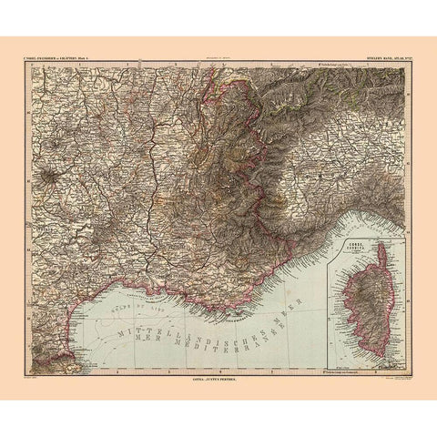 Southeastern France - Stieler 1885 Black Modern Wood Framed Art Print with Double Matting by Stieler