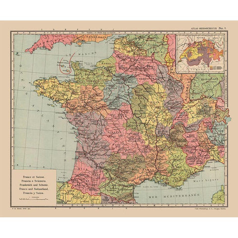 Europe France Switzerland Germany - Streit 1913 Gold Ornate Wood Framed Art Print with Double Matting by Streit