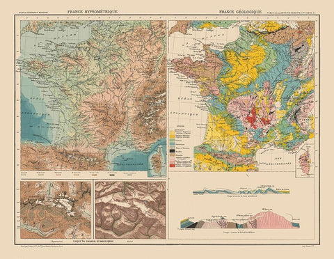 Hypsometric Geological France - Schrader 1908 White Modern Wood Framed Art Print with Double Matting by Schrader